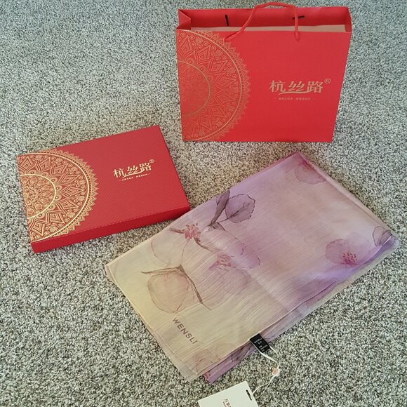 Wensli 100% Silk Scarf Luxury Designer Floral Flower Pastel Blossom Chinese